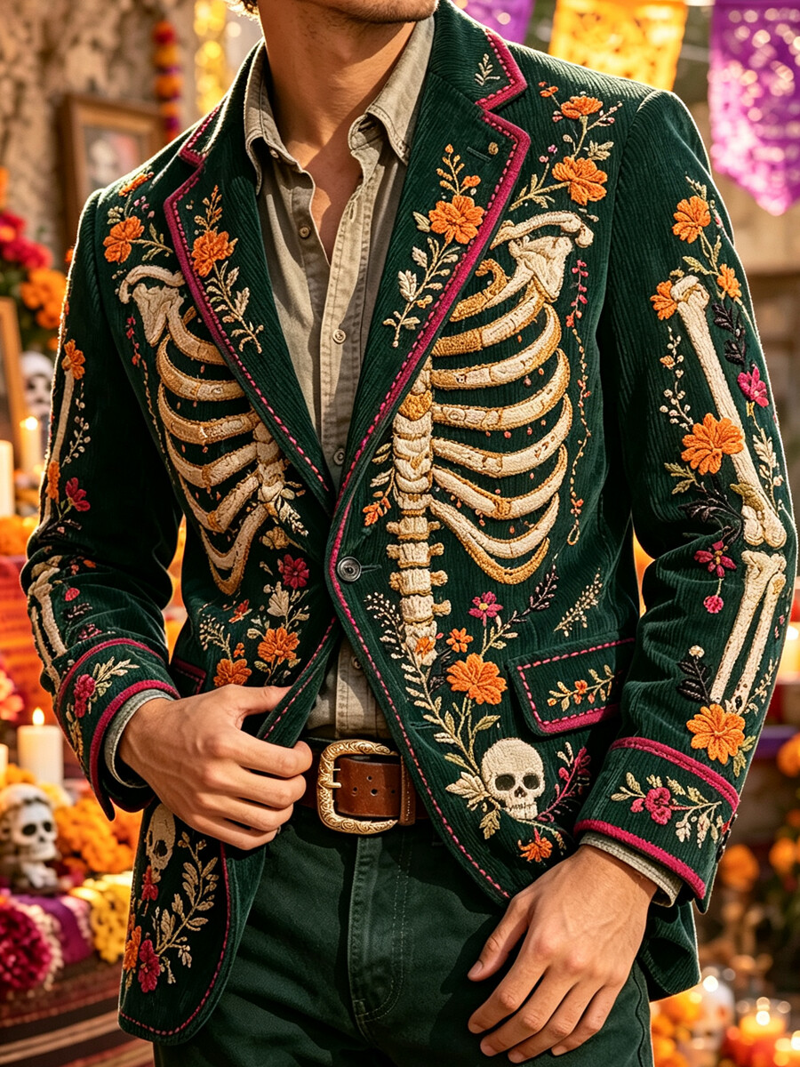 Men's Skeleton Torso Floral Day Of The Dead Print Corduroy Suit Jacket