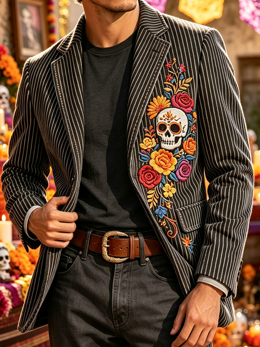 Men's Vertical Sugar Skull Vibrant Multicolor Floral Print Corduroy Suit Jacket