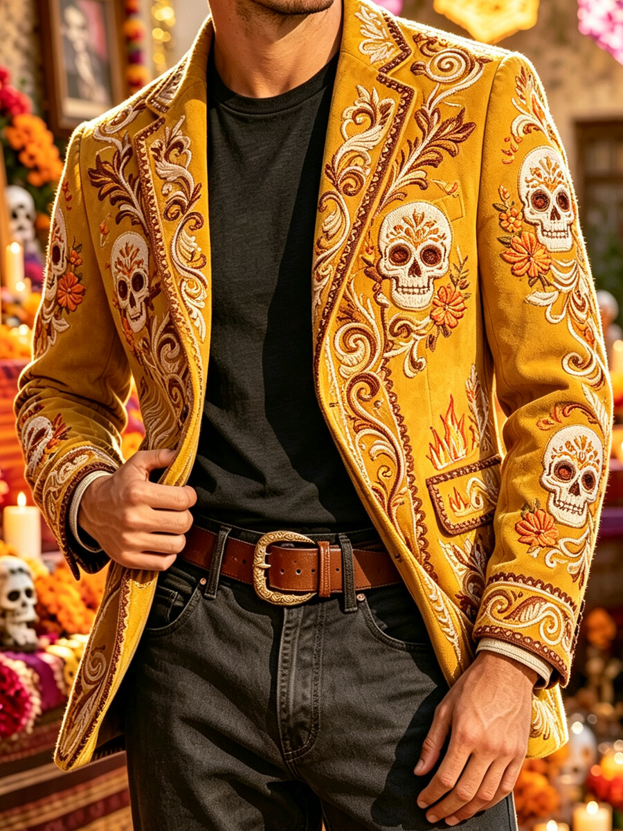 Men's Sugar Skull Scroll And Flame Print Corduroy Suit Jacket