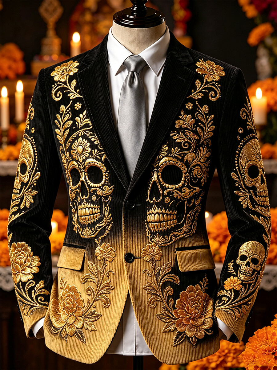 Men's Day Of The Dead Halloween Gradient Skull Floral Print Notch Lapel Corduroy Blazer