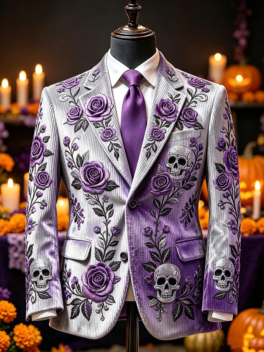 Men's Halloween Skull Rose Vines Gradient Print Notch Lapel Long
