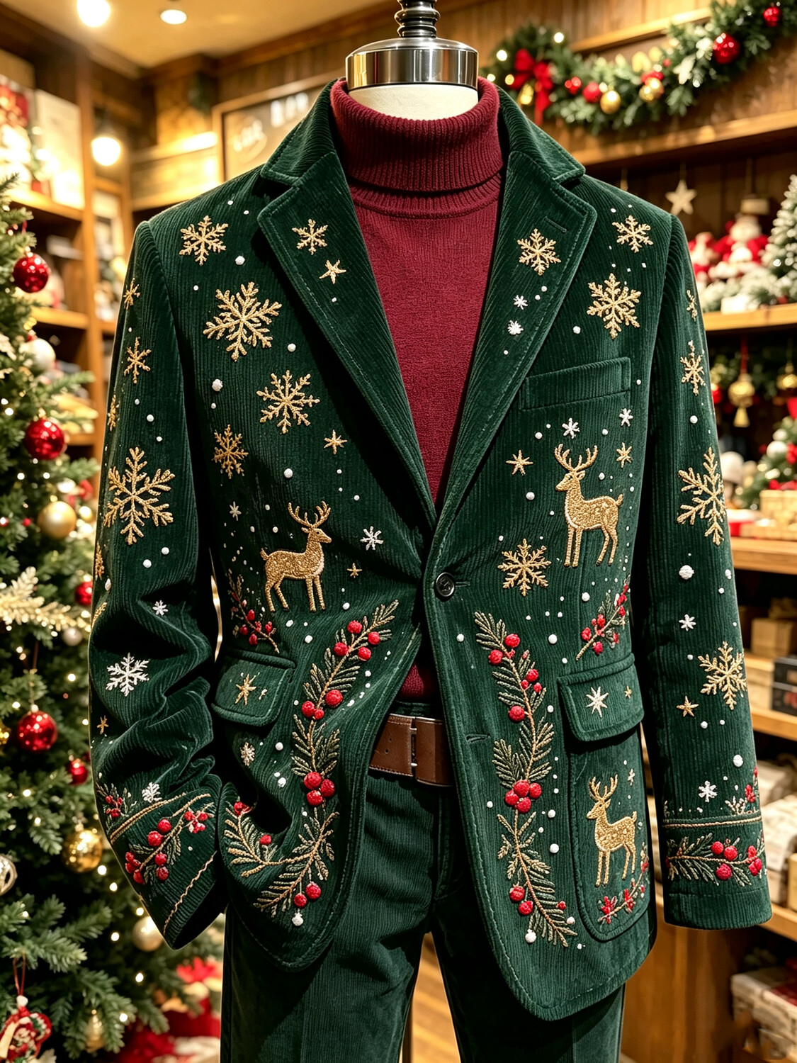 Men's Christmas Reindeer Red Berry Snowflake Print Corduroy Notch Lapels Suit Jacket