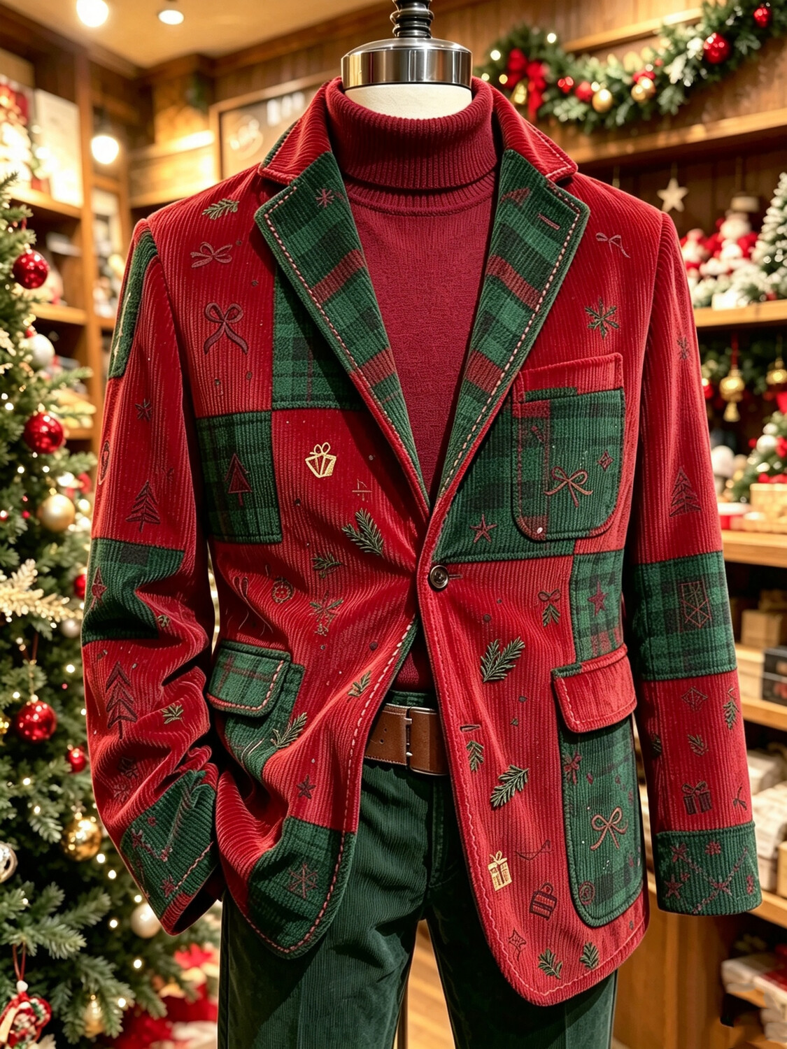 Men's Christmas Patchwork Color Block Plaid Print Corduroy Notch Lapels Suit Jacket