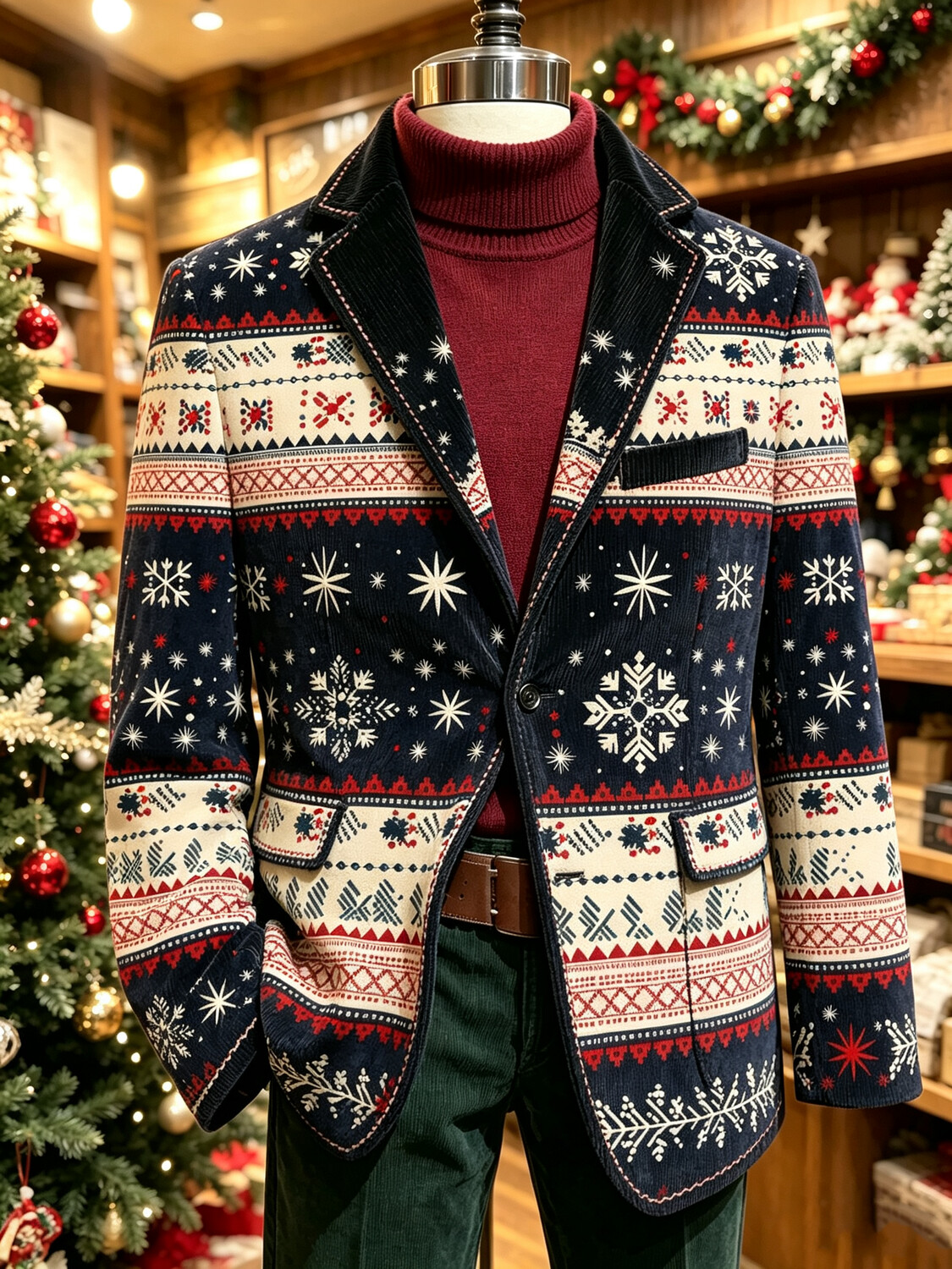Men's Fair Isle Christmas Snowflake Stripe Plaid Print Corduroy Notch Lapels Suit Jacket