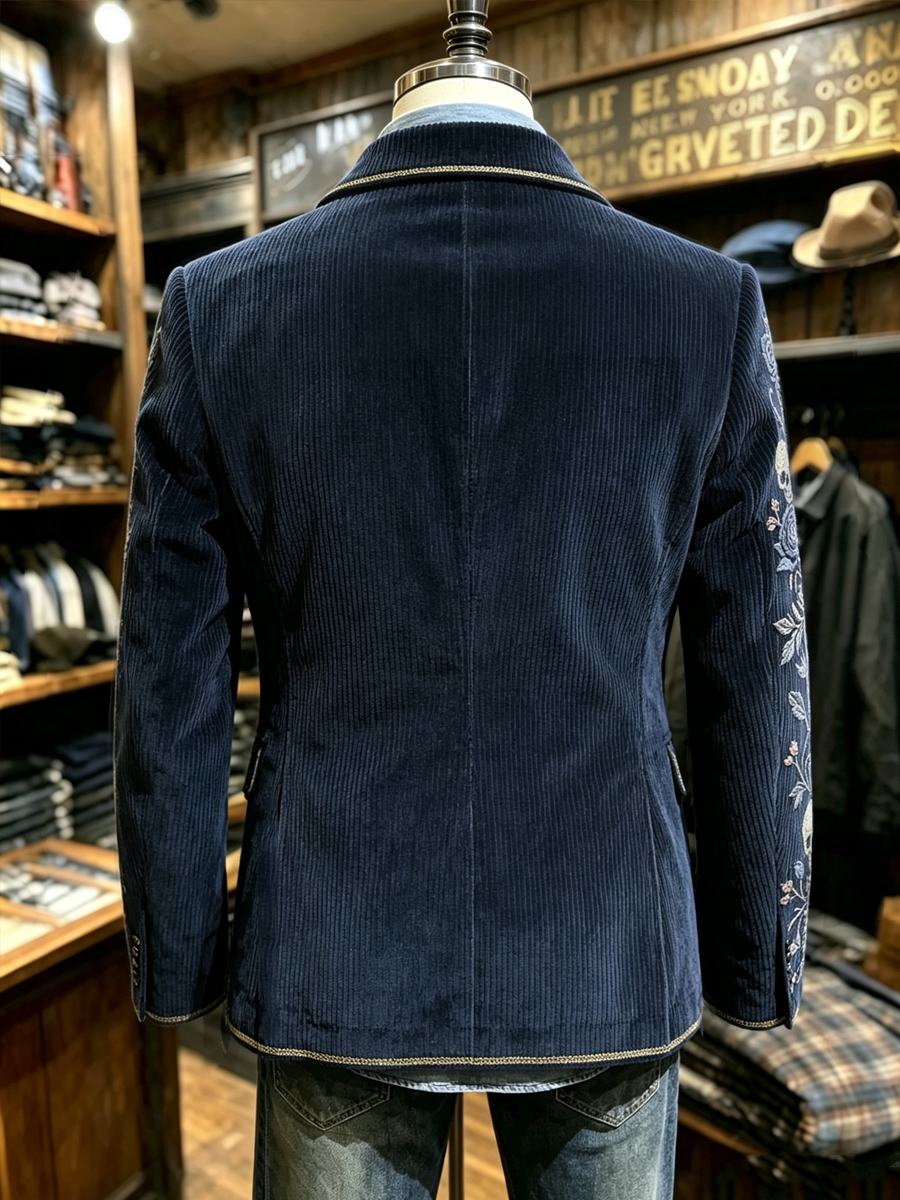 Men's Halloween Skull Blue Rose Print Notch Lapel Long Sleeve Corduroy Blazer