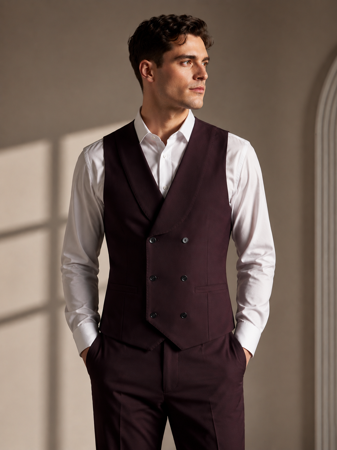 Wool Blend Stretch Burgundy Suit Vest-Bellvero