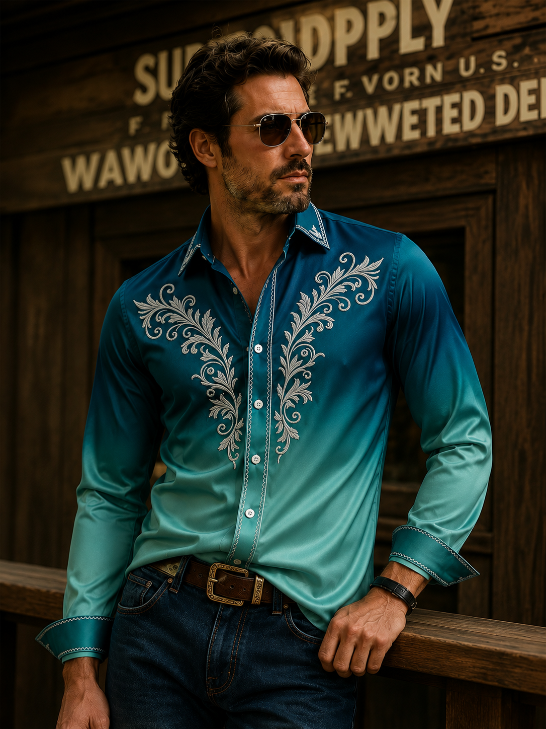 Men's Luxury Vintage Gradient Baroque Leaf Print Long-Sleeve Shirt
