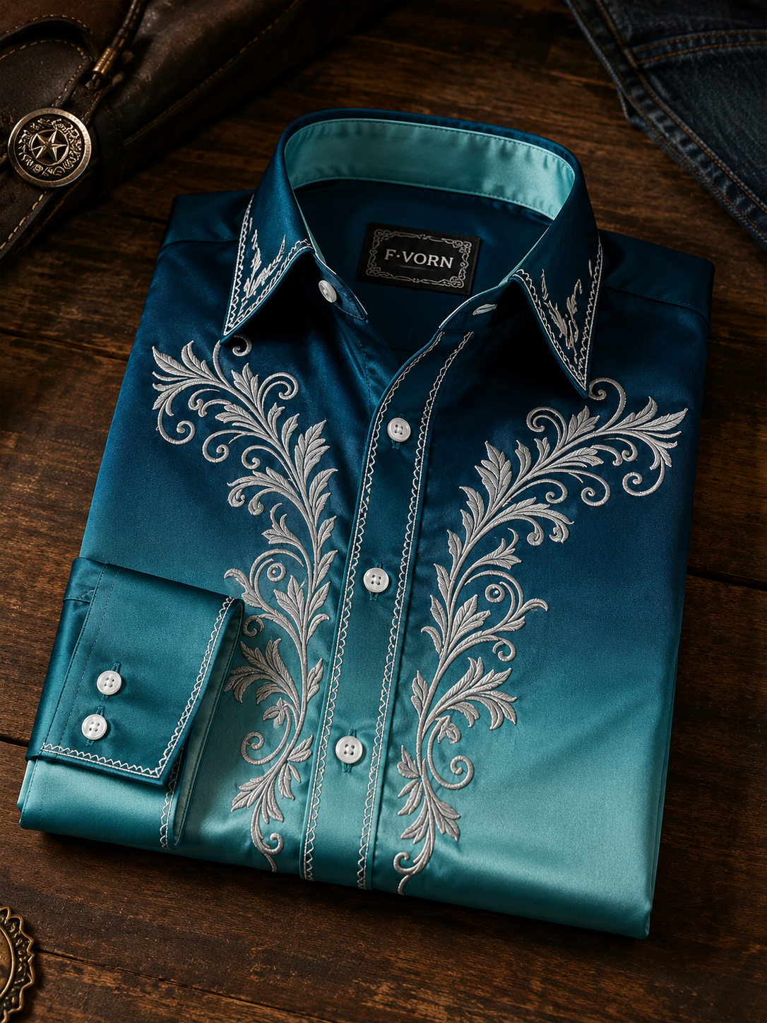Men's Luxury Vintage Gradient Baroque Leaf Print Long-Sleeve Shirt