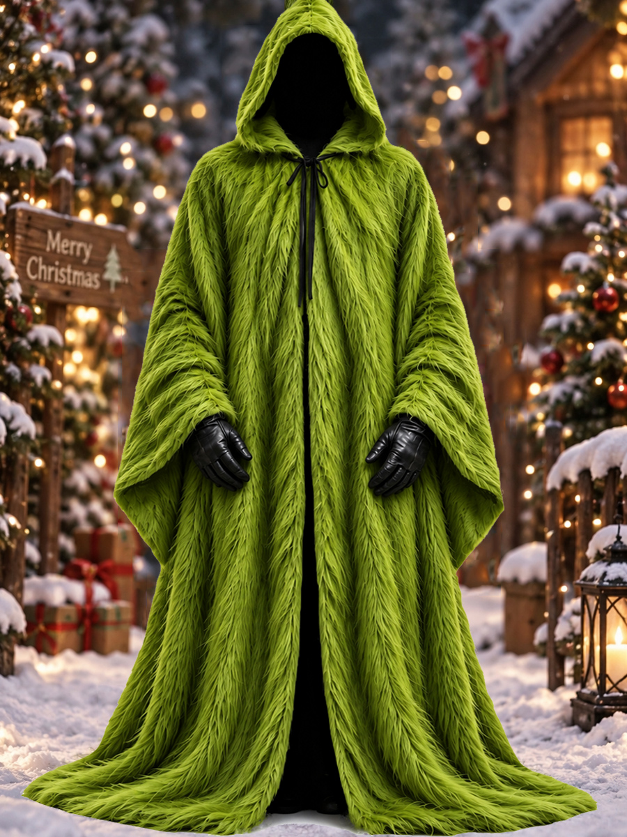 Men's Fur Monster Christmas Print Batwing Sleeve Full‑Length Hooded Cloak