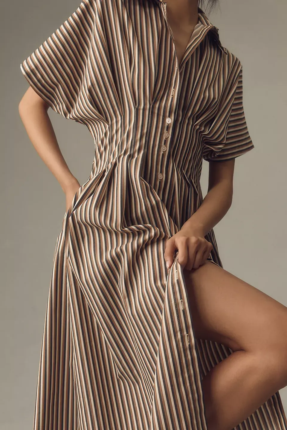 Button-Front Pleated Midi Shirt Dress (Buy 2 Free Shipping)