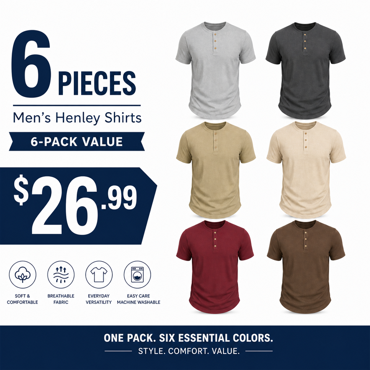 Men's Short Sleeve Henley Shirts Multi-Pack