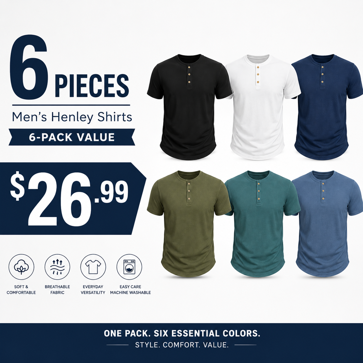 Men's Short Sleeve Henley Shirts Multi-Pack