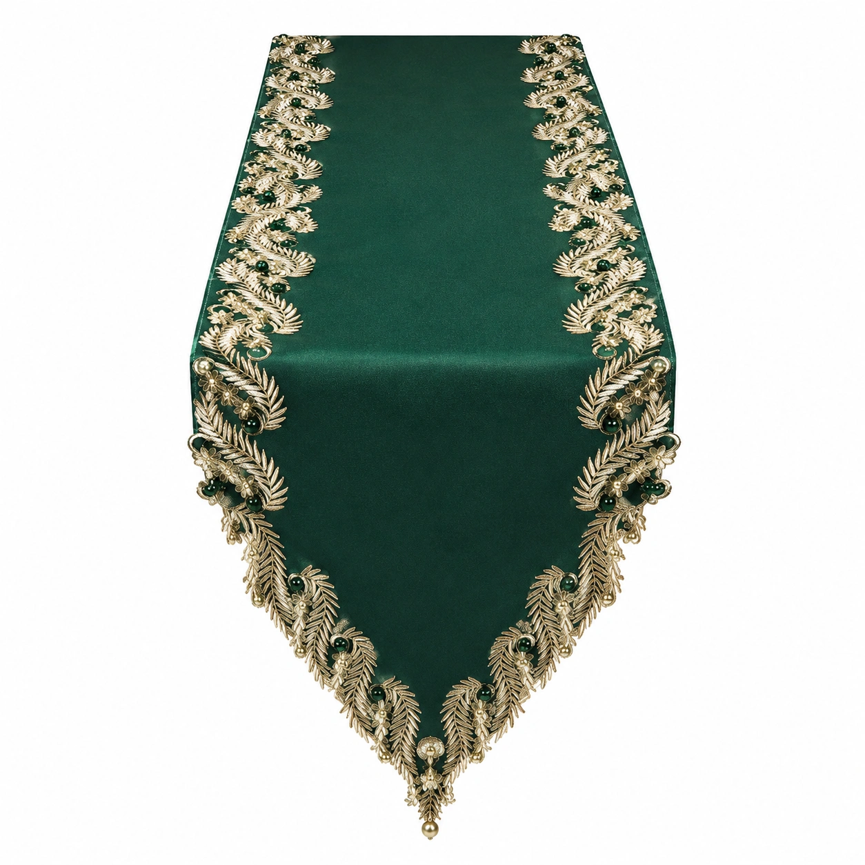 Chemin de Table Vert Émeraude avec Broderie Feuilles Dorées-FUR niveria
