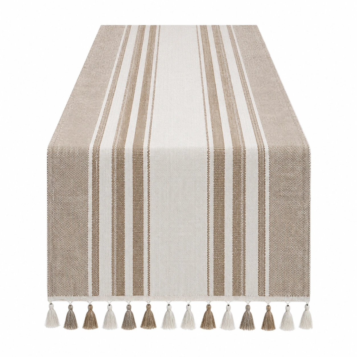 Chemin de Table Rayé avec Pompons Crème et Beige-FUR niveria
