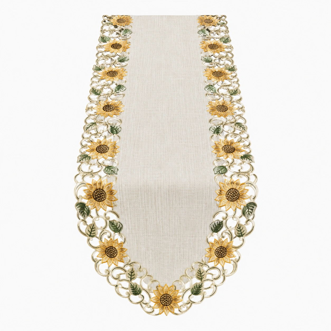 Chemin de table brodé tournesols beige vert 180x33 cm-FUR niveria