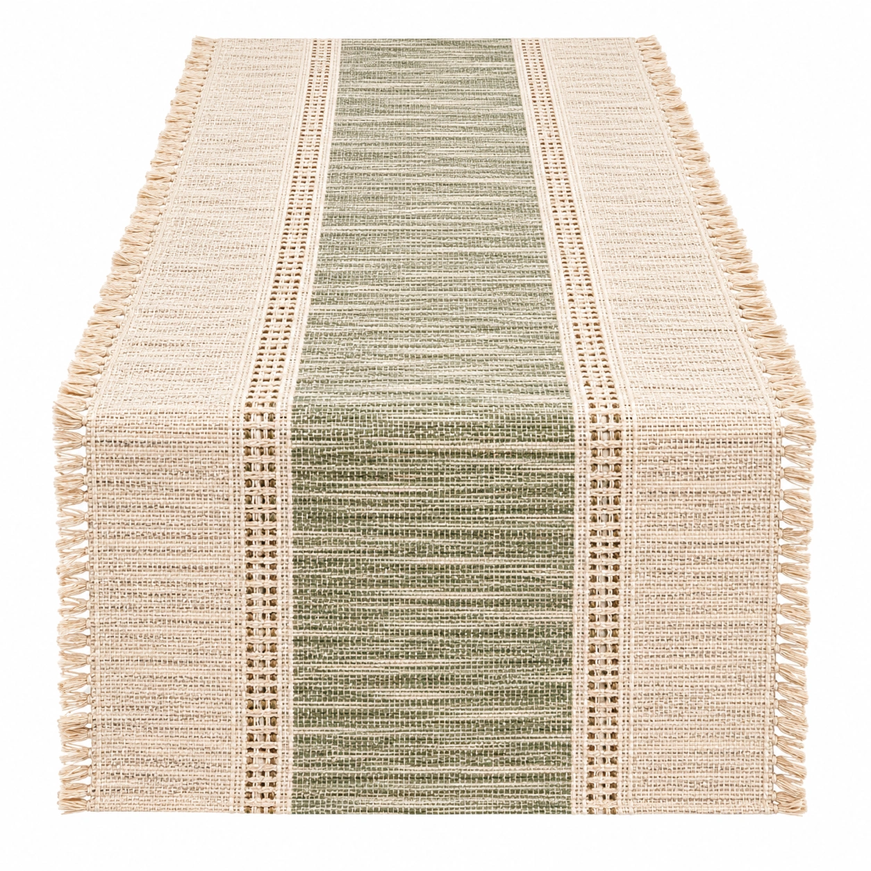 Chemin de Table Rayé Vert et Beige avec Franges 180 cm-FUR niveria