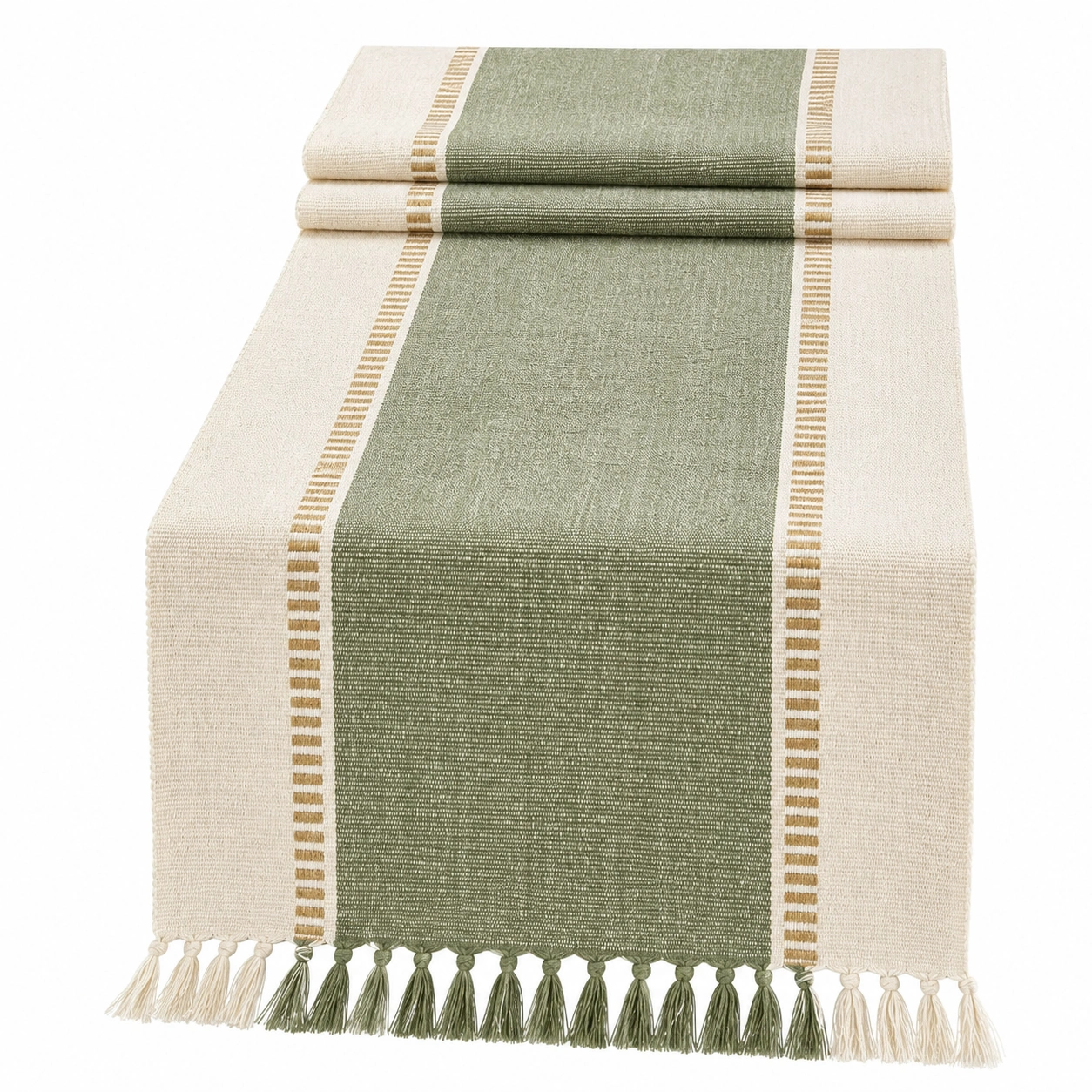 Chemin de table rayé vert et beige avec franges en macramé-DECORA RISE