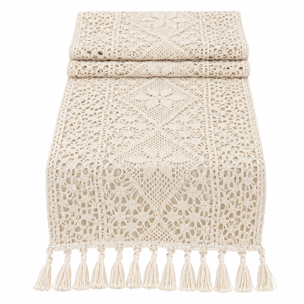 Chemin de Table en Crochet Beige avec Franges-DECORA RISE