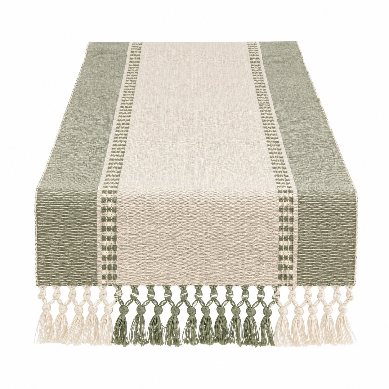 Chemin de table à franges vert et beige 200 cm-DECORA RISE