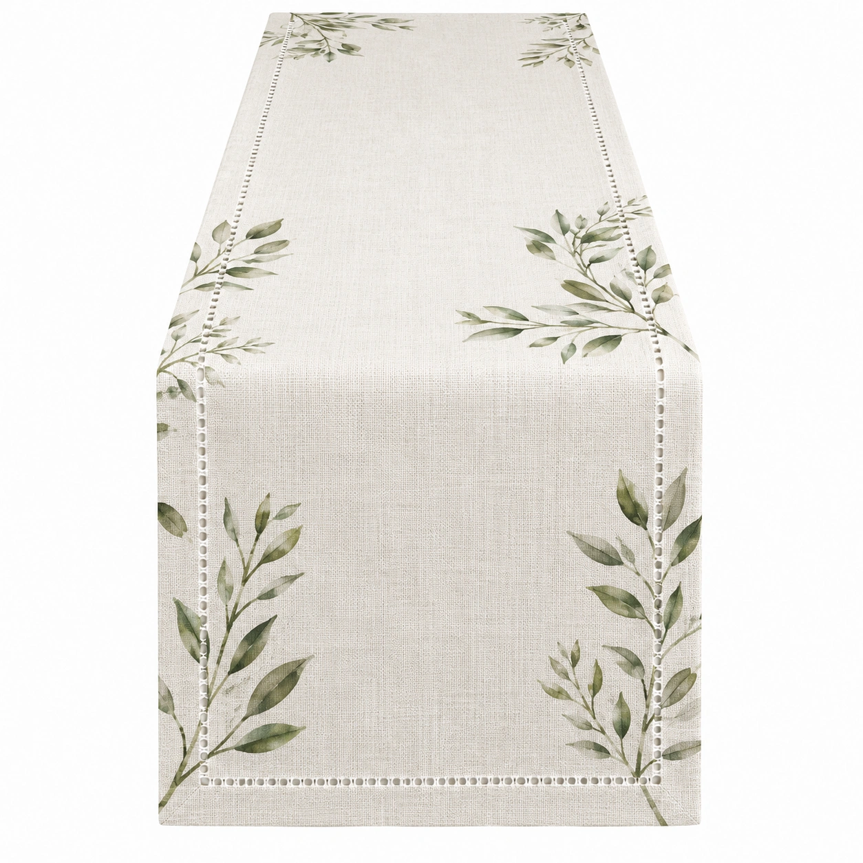 Chemin de Table Rectangulaire avec Motif de Feuilles 140x40 cm Beige et Vert-DECORA RISE