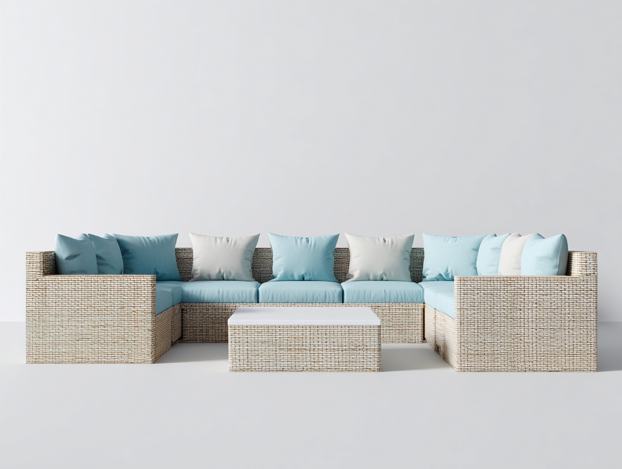 Gartensofa-Polyrattan-268x186x74 cm-Naturbeige-Hellblau-Modern-Novorazadecor
