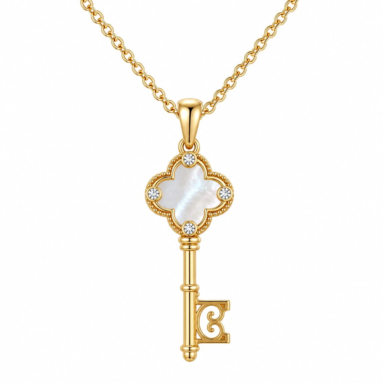 Collier pendentif clé doré avec nacre et cristaux-FURNIAMIRAE