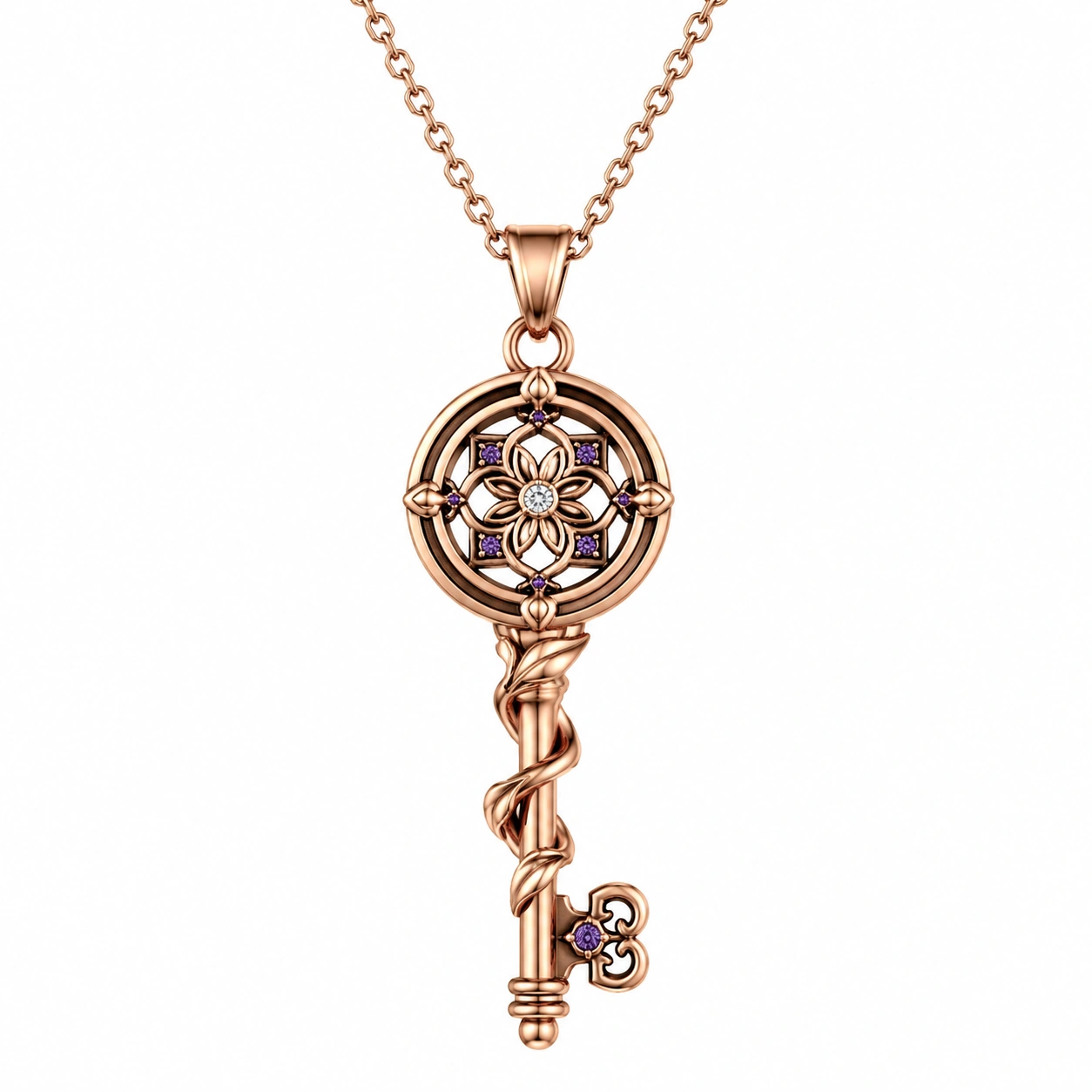 Collier Clé en Or Rose avec Cristaux Violets-FURNIAMIRAE