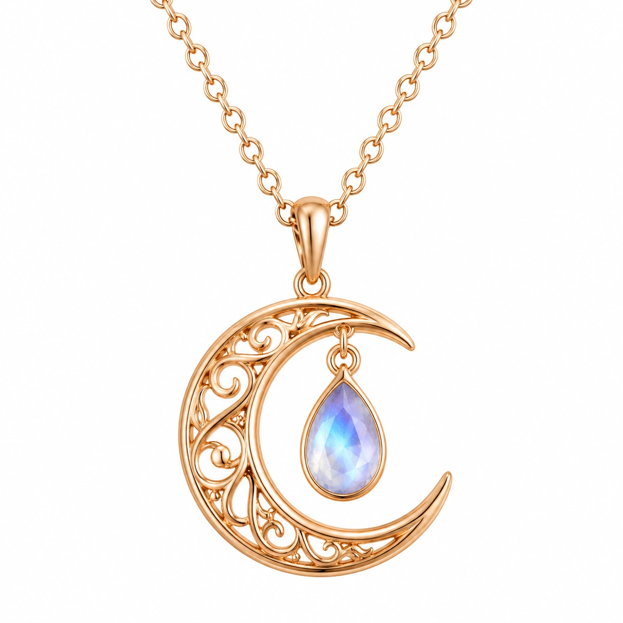 Collier Lune Élégant en Or Rose avec Goutte Bleue-FURNIAMIRAE