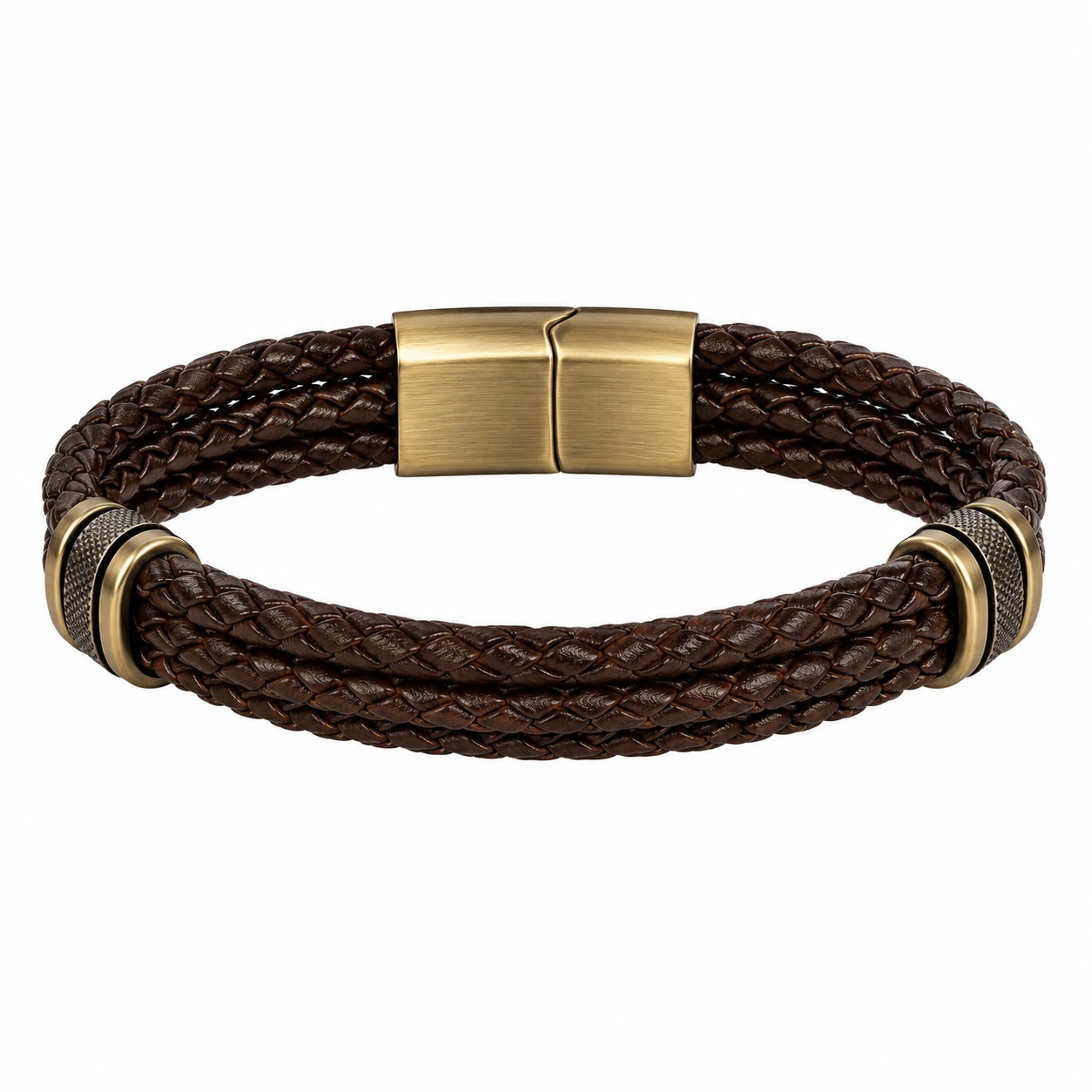 Bracelet tressé en cuir marron avec fermoir magnétique-FURNIAMIRAE