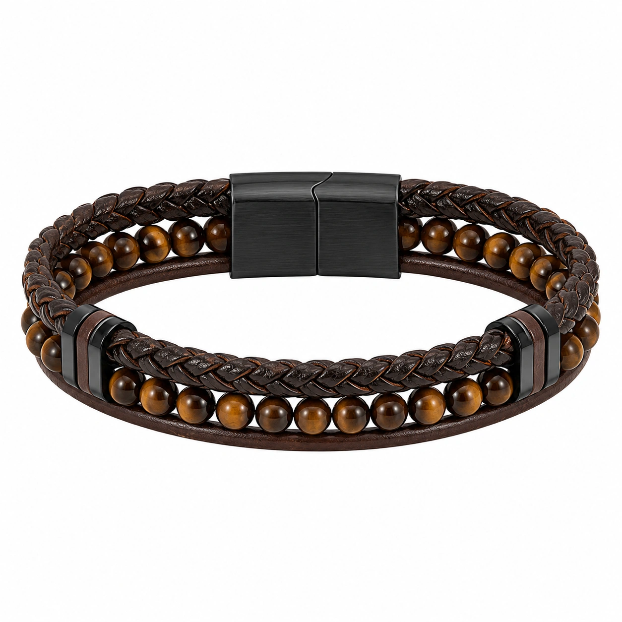Bracelet en cuir tressé marron avec perles en œil de tigre-FURNIAMIRAE