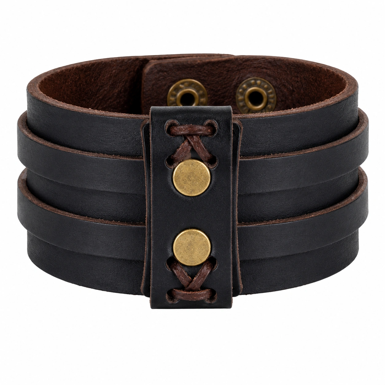 Bracelet manchette réglable noir et marron avec boutons en laiton-FURNIAMIRAE