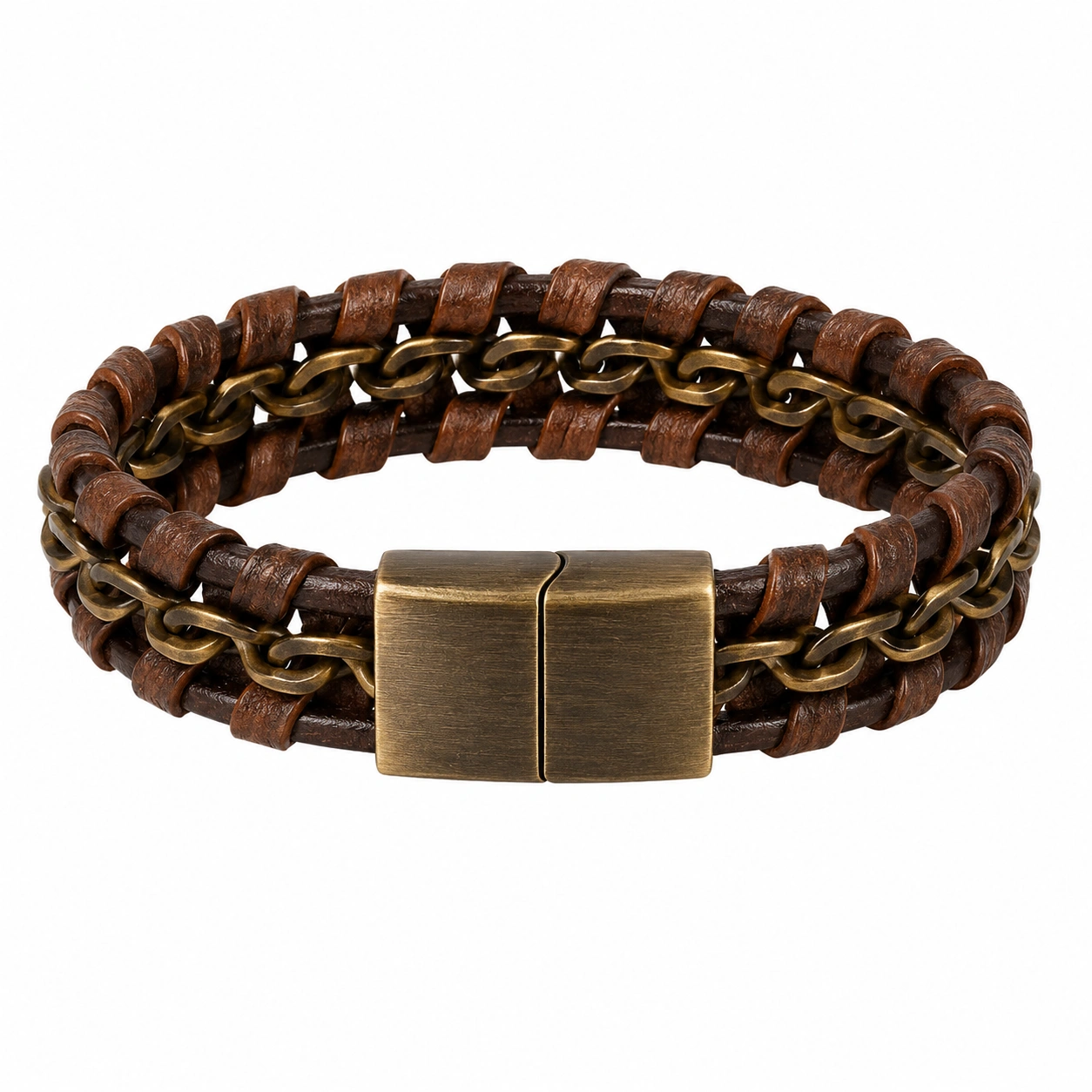 Bracelet tressé marron avec fermoir magnétique et chaînes métalliques-FURNIAMIRAE