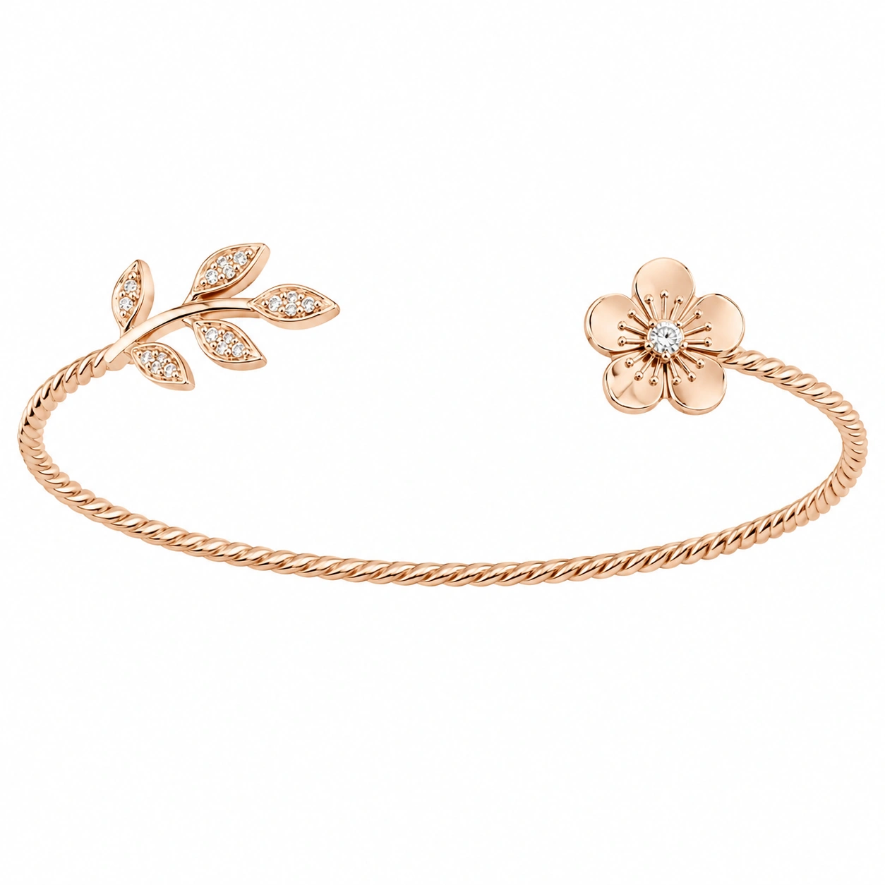 Jonc Fleur et Feuille en Or Rose avec Zircone Cubique-FURNIAMIRAE
