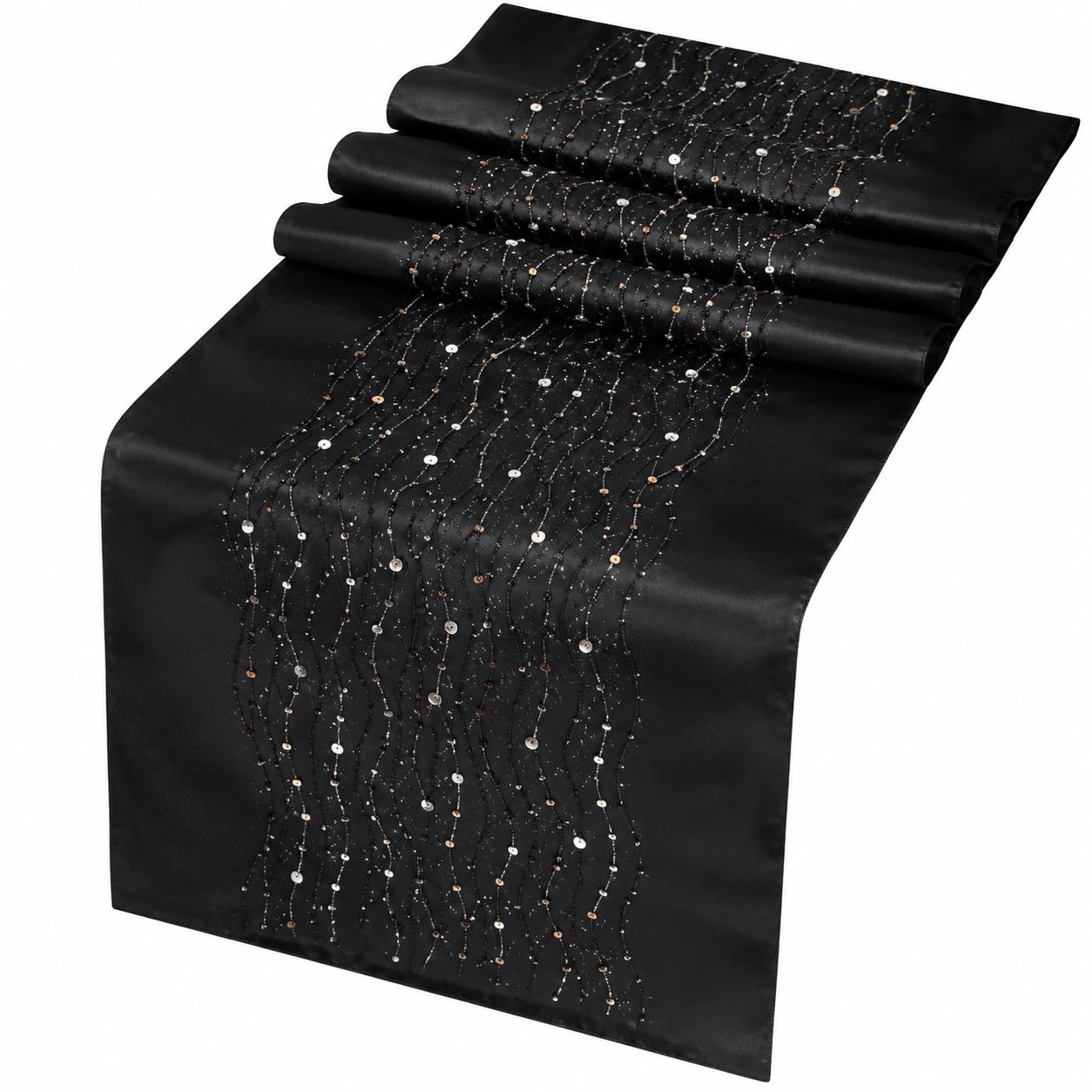 Chemin de Table Brodé avec Motifs en Satin Noir 180x33cm-FURNIAMIRAE