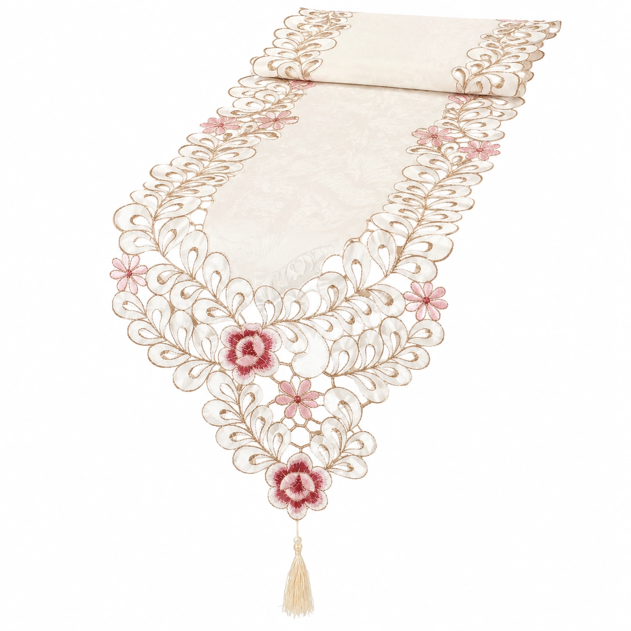 Chemin de Table avec Broderie Florale Beige et Rose-FURNIAMIRAE