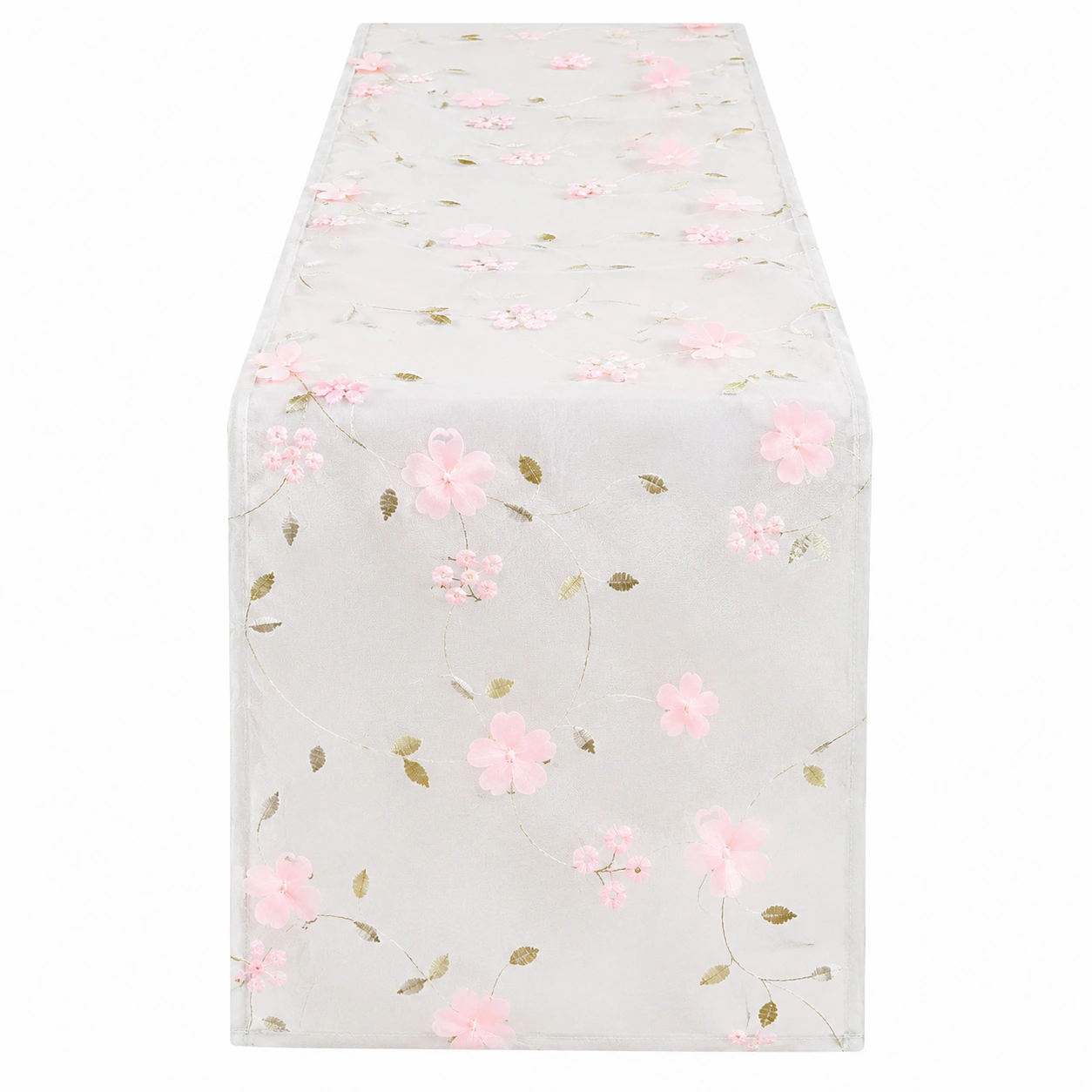 Chemin de table brodé à fleurs roses 180x30 cm blanc-FURNIAMIRAE