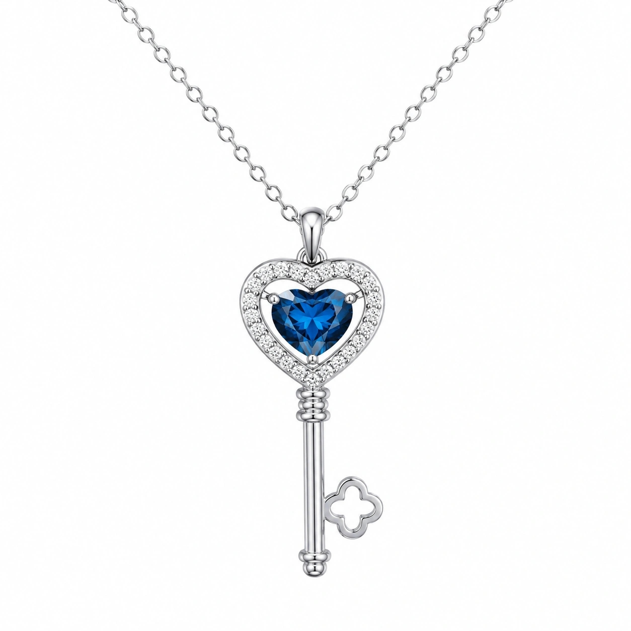 Collier Pendentif Clé en Cœur Cristal Bleu-HOMEELARO