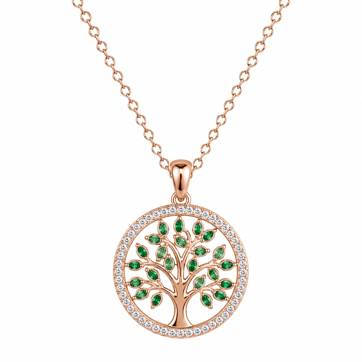 Collier Pendentif Arbre de Vie Cercle Pierres Vertes Or Rose-HOMEELARO