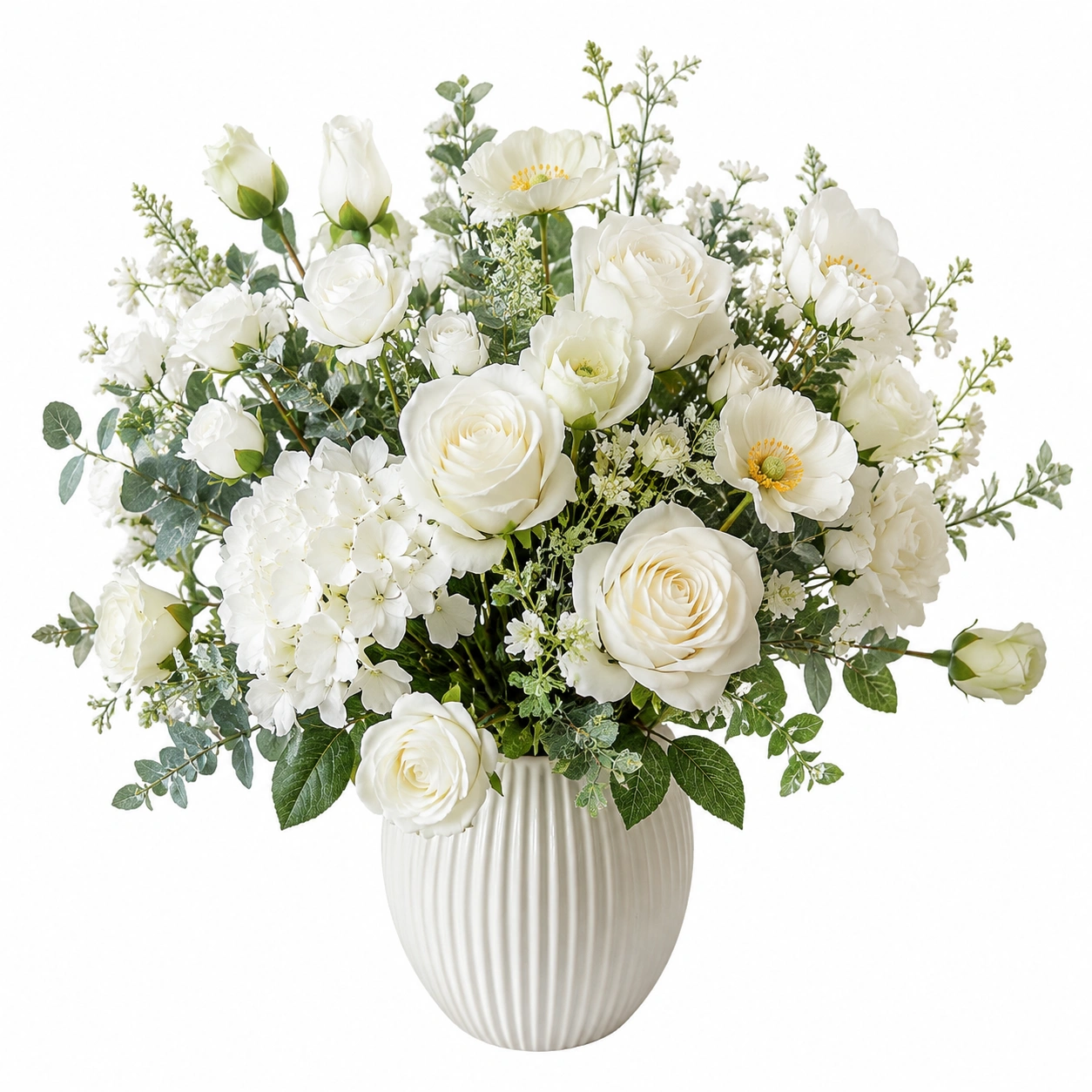 Bouquet de fleurs artificielles blanches avec vase en céramique-HOMEELARO