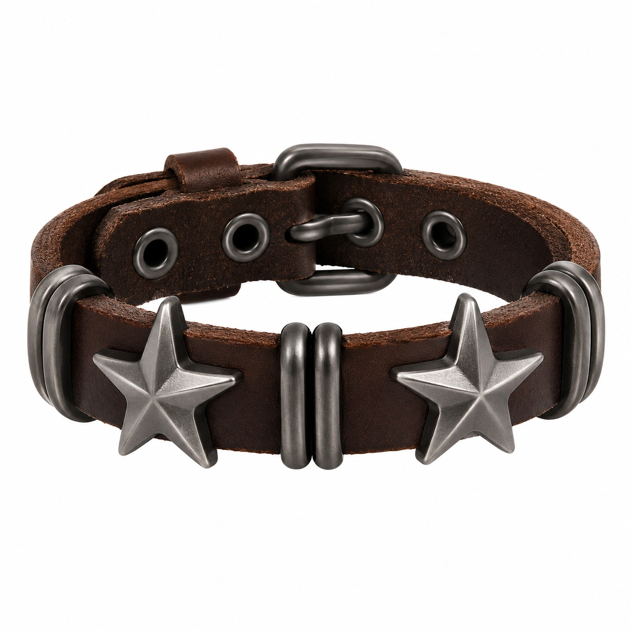 Bracelet en Cuir Marron avec Étoiles Métalliques-HOMEELARO