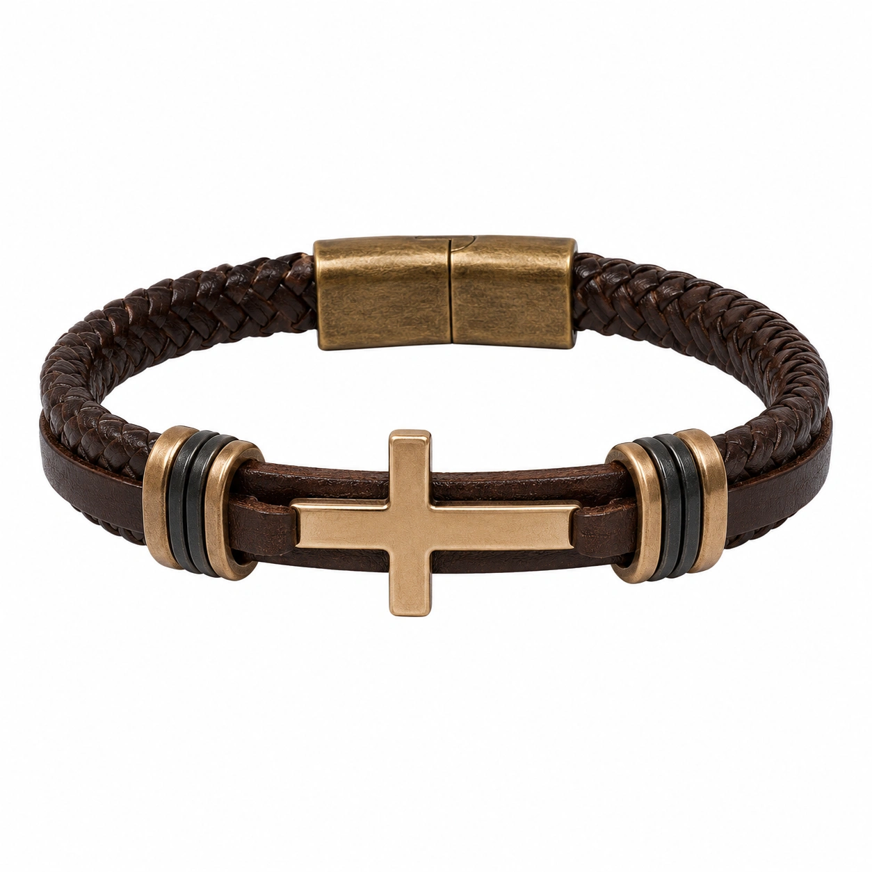 Bracelet en cuir tressé brun avec croix en métal bronze-HOMEELARO