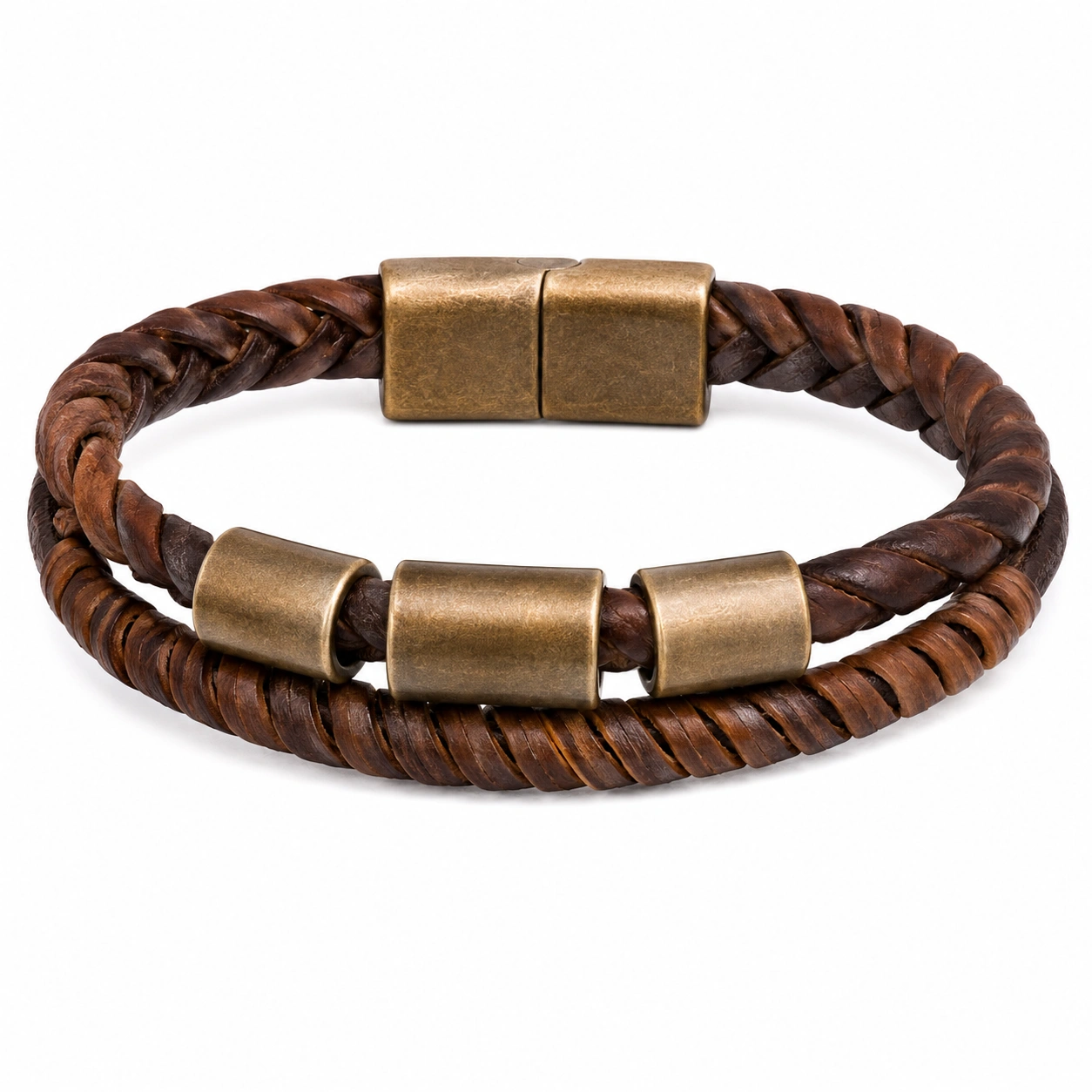 Bracelet double tour tressé brun avec accents métalliques-HOMEELARO