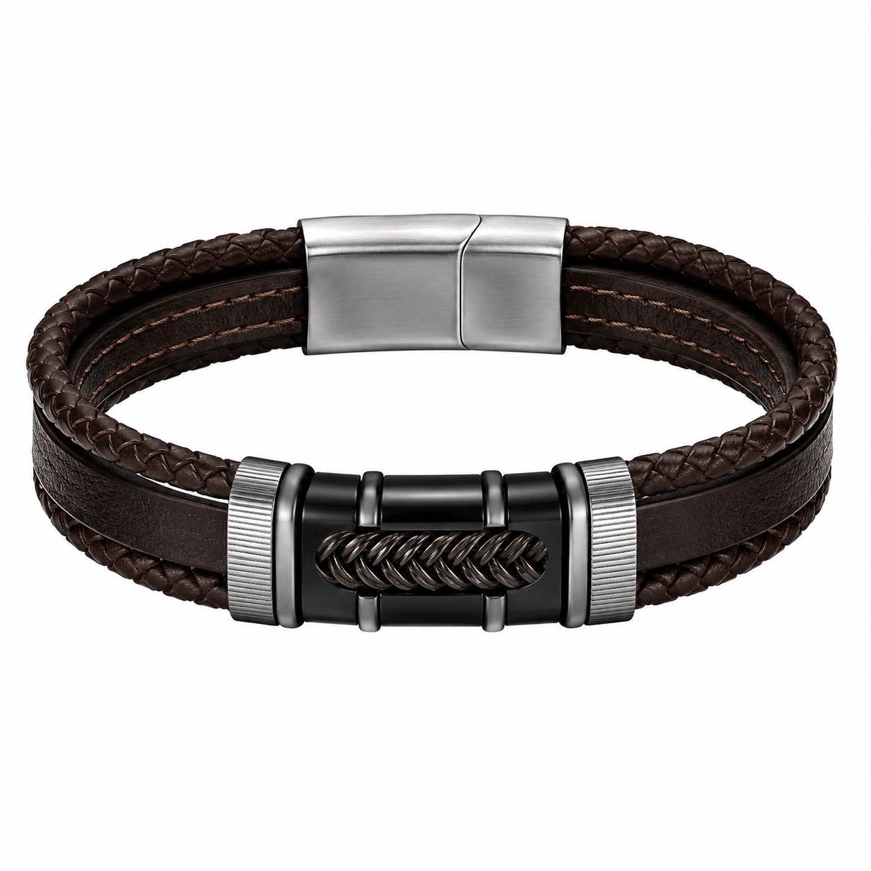 Bracelet en cuir tressé marron avec fermoir magnétique-HOMEELARO