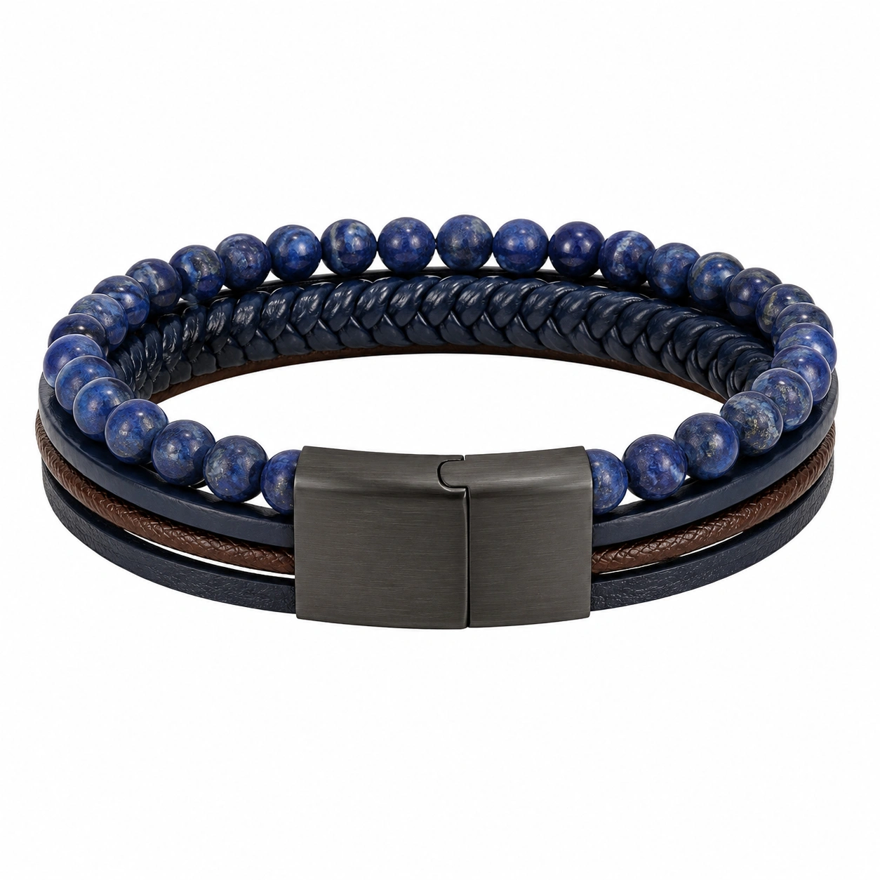 Bracelet multicouche bleu et marron avec perles et cuir-HOMEELARO