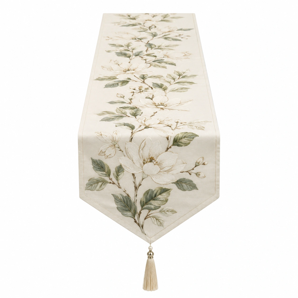 Chemin de Table Floral avec Pompon Beige et Vert-HOMEELARO
