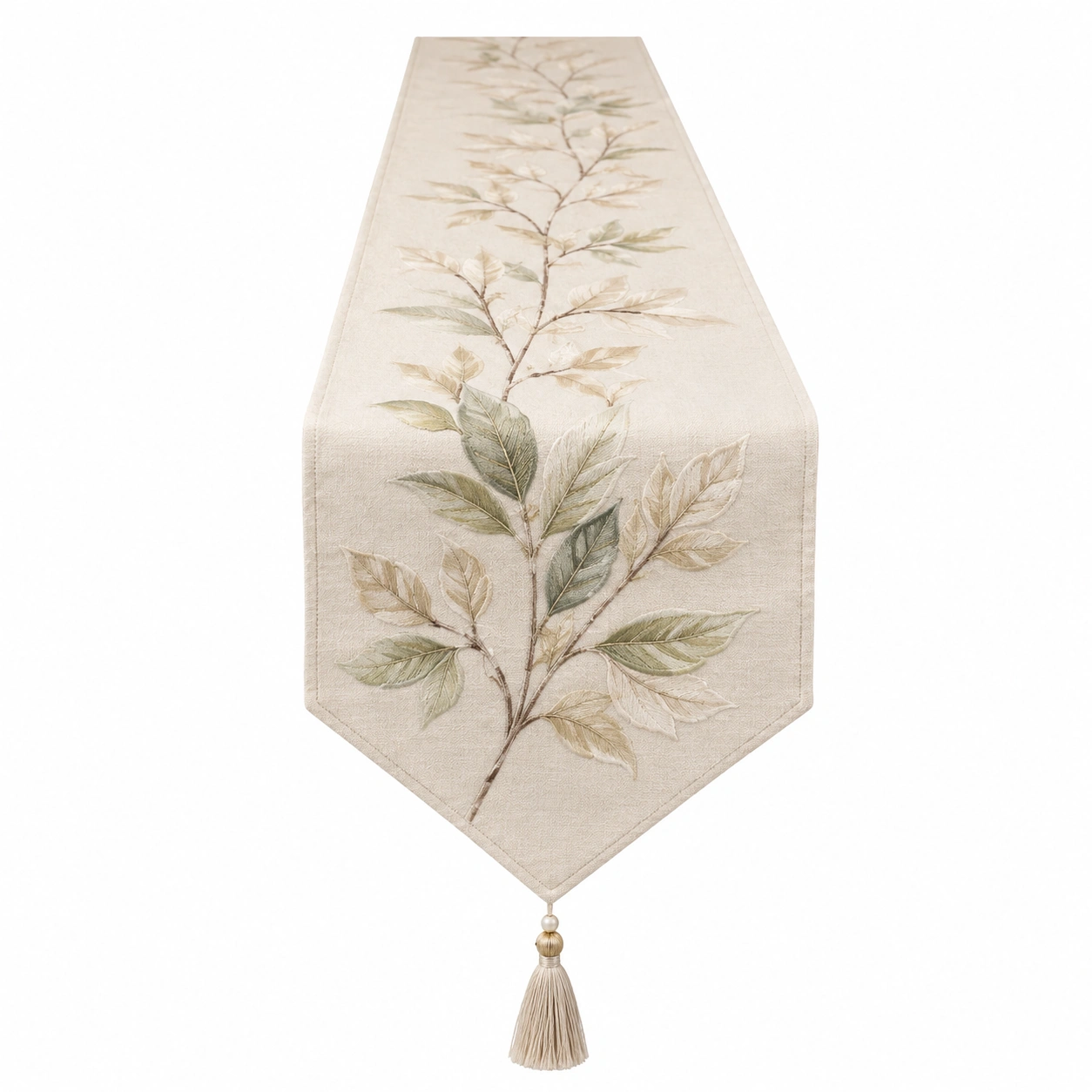 Chemin de table beige avec motif de feuilles vertes et pompon-HOMEELARO