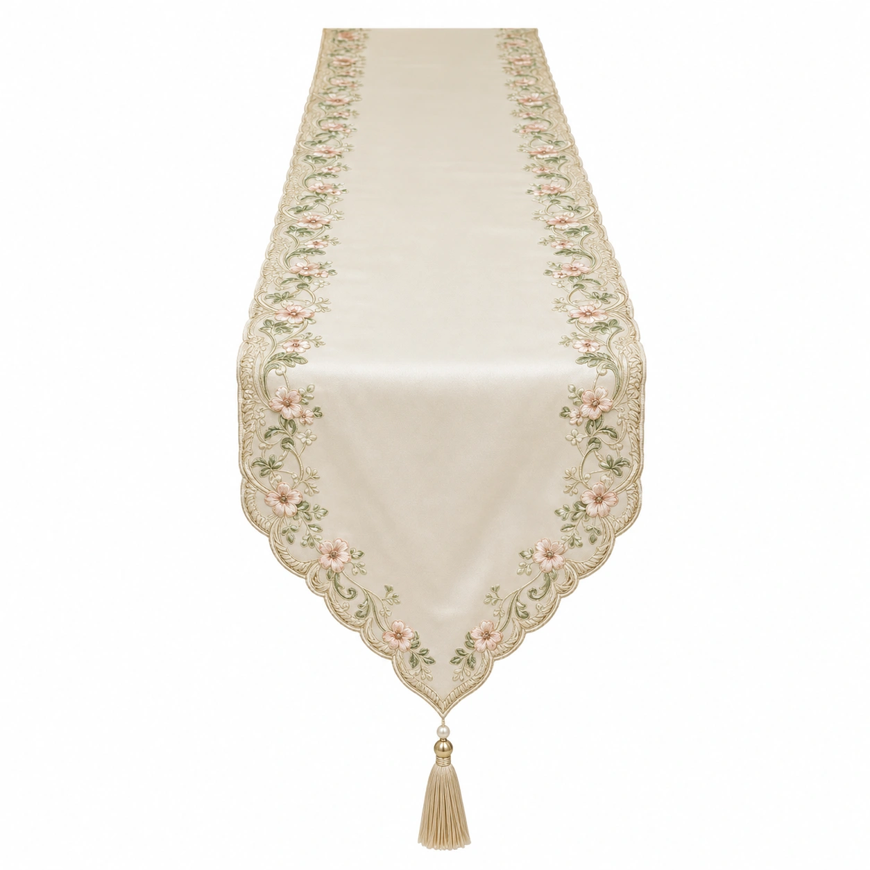 Chemin de Table Brodé Floral avec Pompon Beige-HOMEELARO