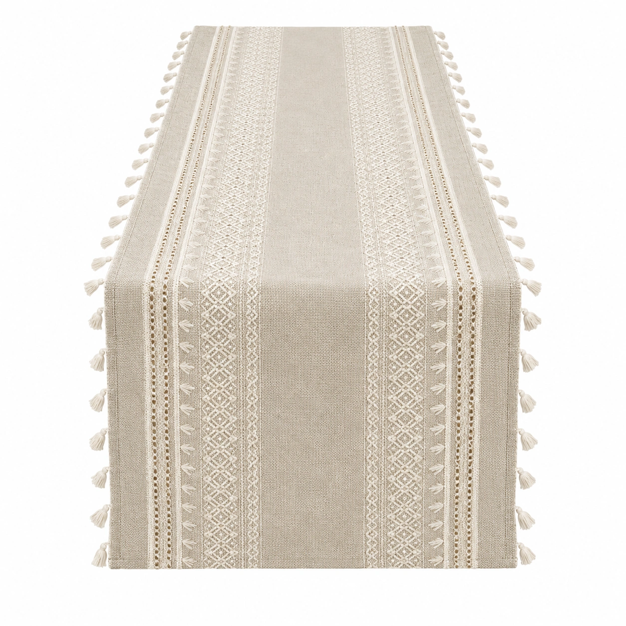 Chemin de table beige avec motifs géométriques et pompons, 180x40 cm-HOMEELARO