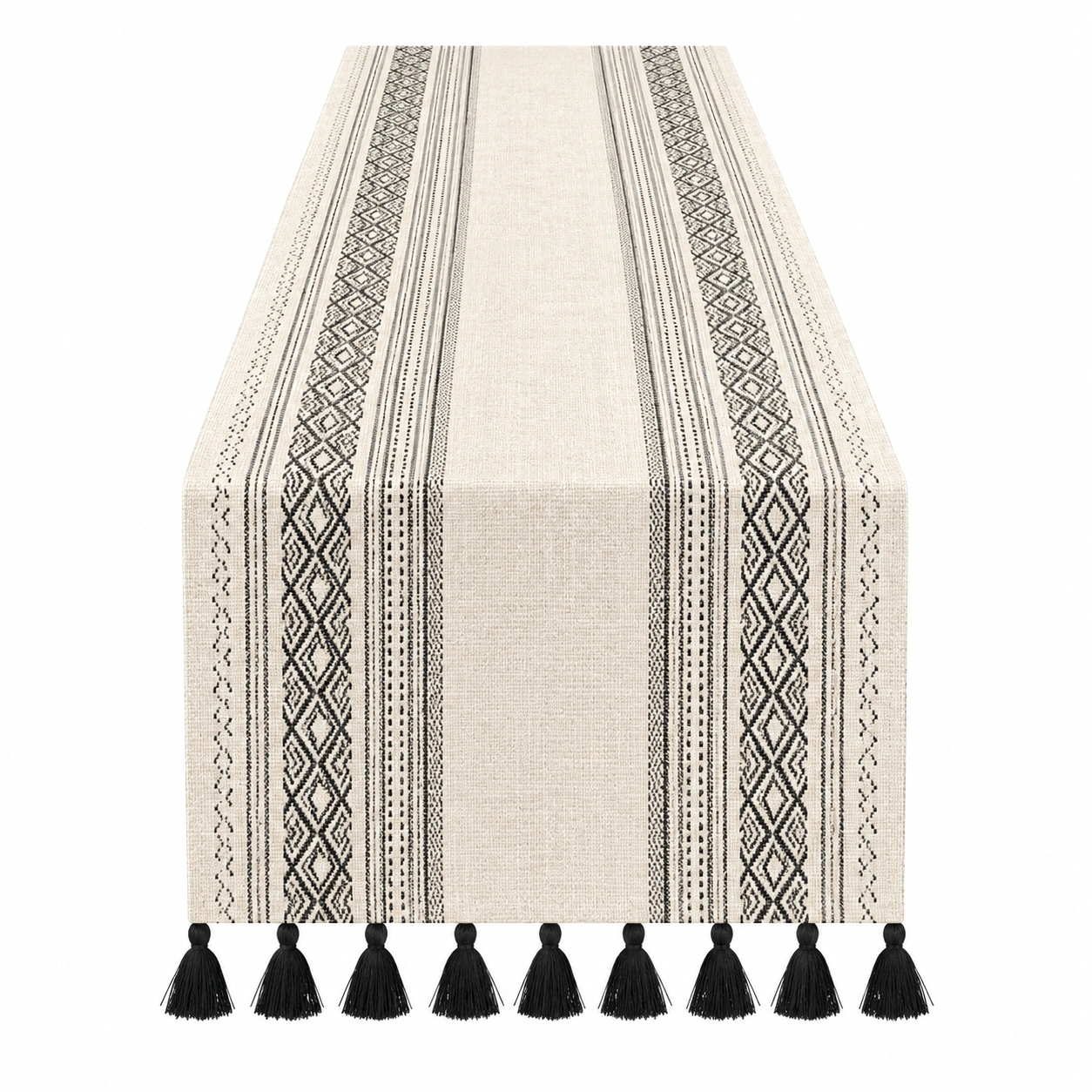 Chemin de table beige et noir avec motifs géométriques et pampilles-HOMEELARO