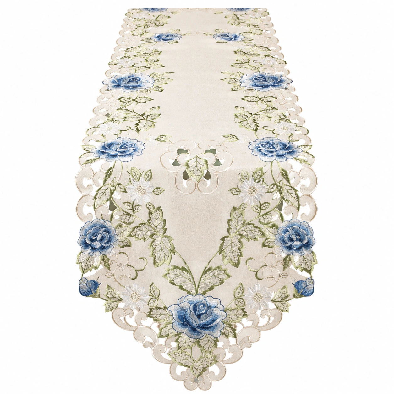 Chemin de table brodé fleurs ajourées 180x33 cm bleu et vert-HOMEELARO